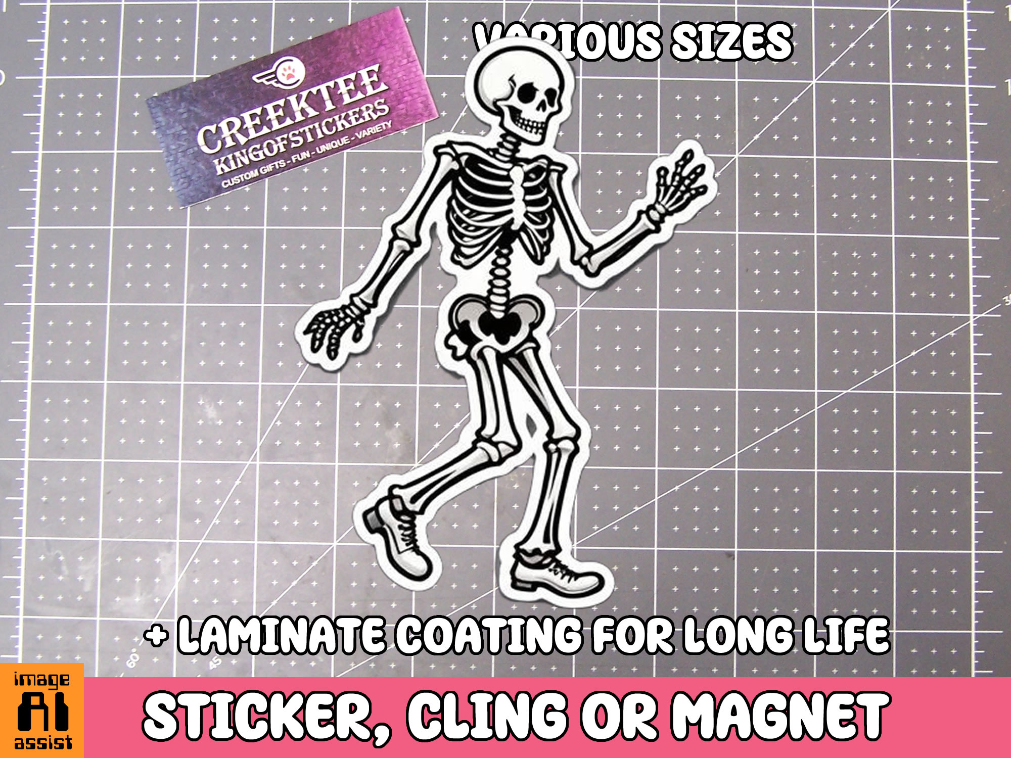 Skeleton Walking Die Cut Vinyl Sticker  Window Cling or Magnet with Laminate Coating in Various Sizes