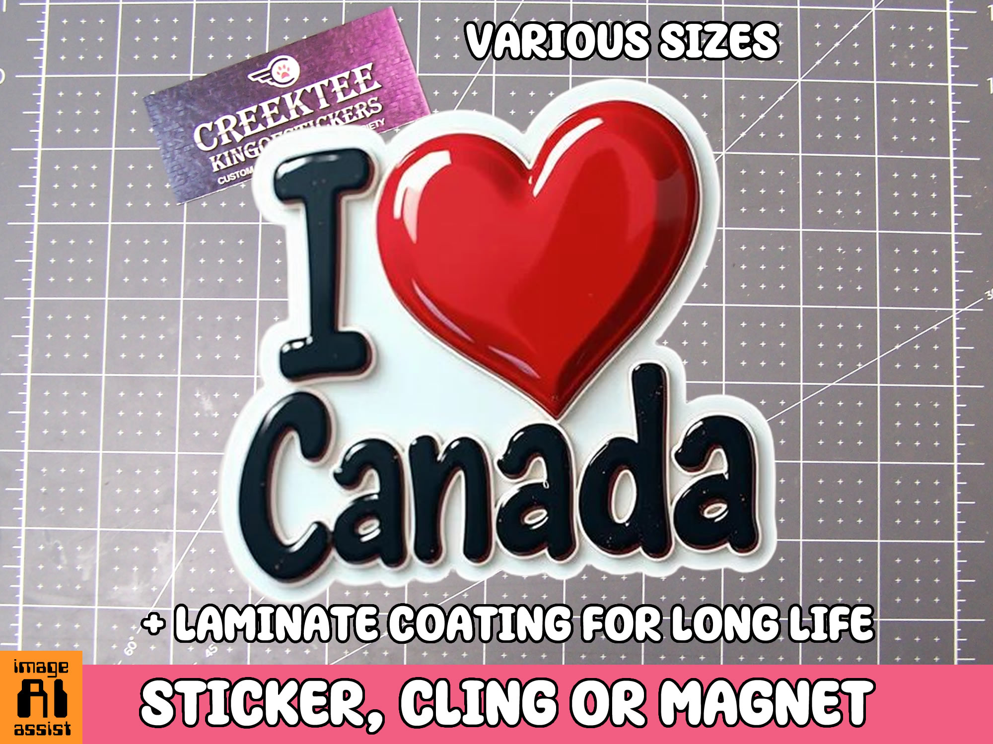 I Love Canada Die Cut Vinyl Sticker  Window Cling or Magnet with Laminate Coating in Various Sizes