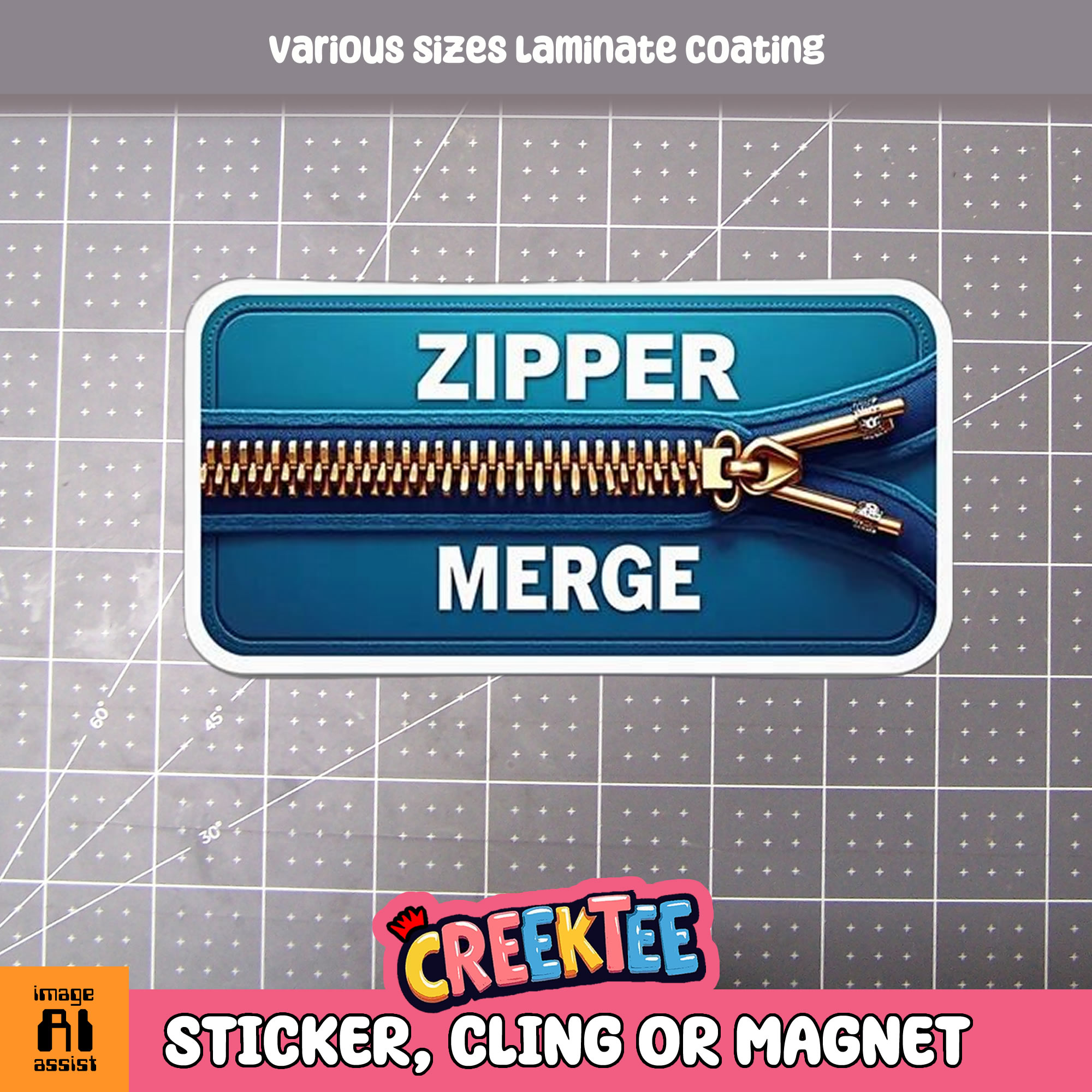 Zipper Merge Die Cut Vinyl Sticker  Window Cling or Magnet with Laminate Coating in Various Sizes