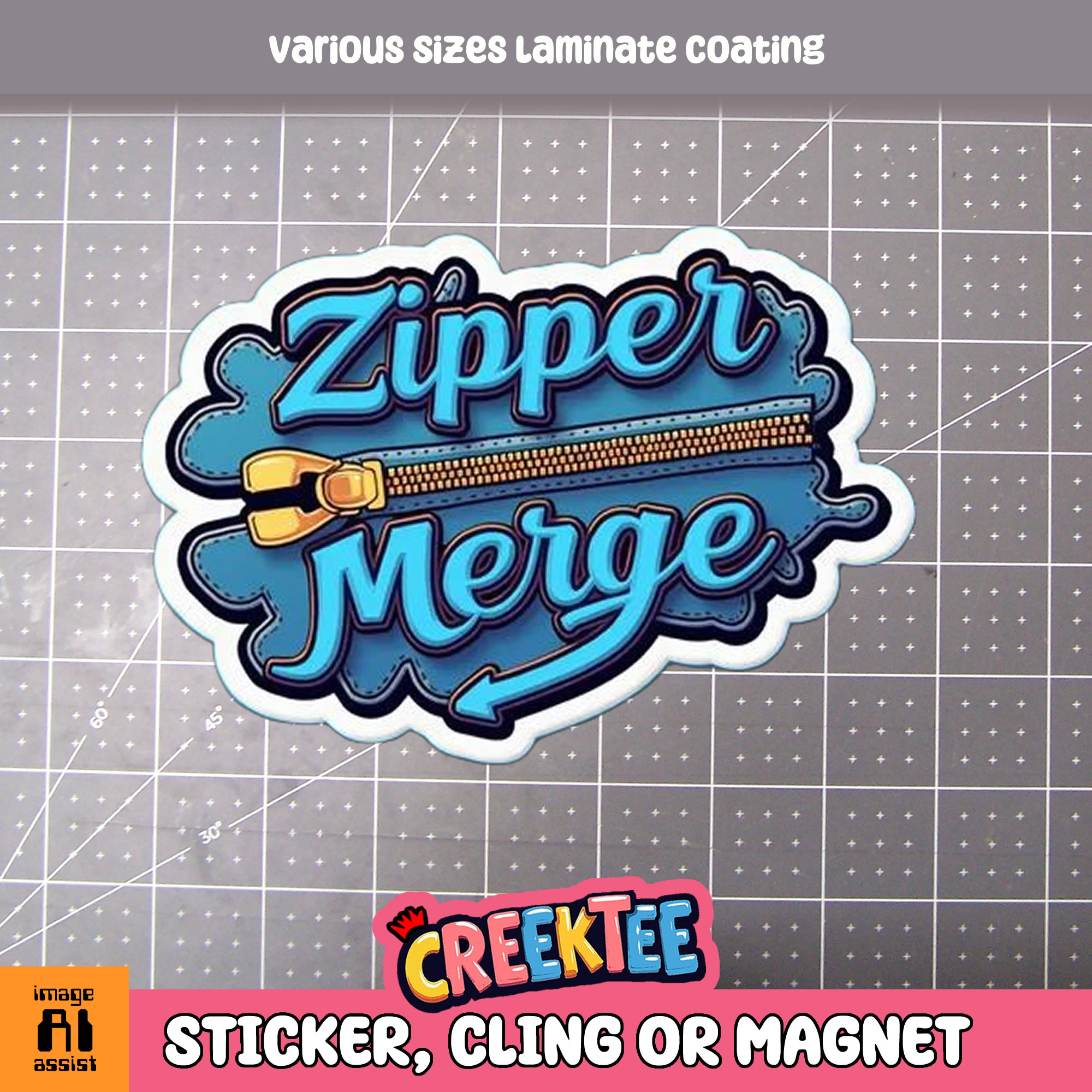 Zipper Merge Die Cut Vinyl Sticker  Window Cling or Magnet with Laminate Coating in Various Sizes