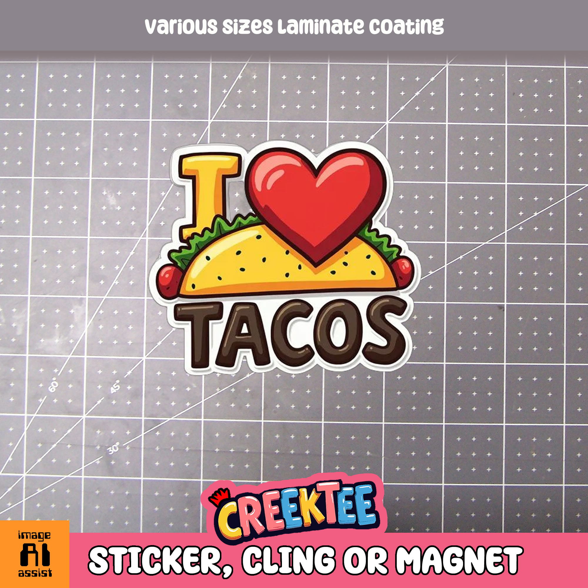 I Love Tacos Die Cut Vinyl Sticker  Window Cling or Magnet with Laminate Coating in Various Sizes