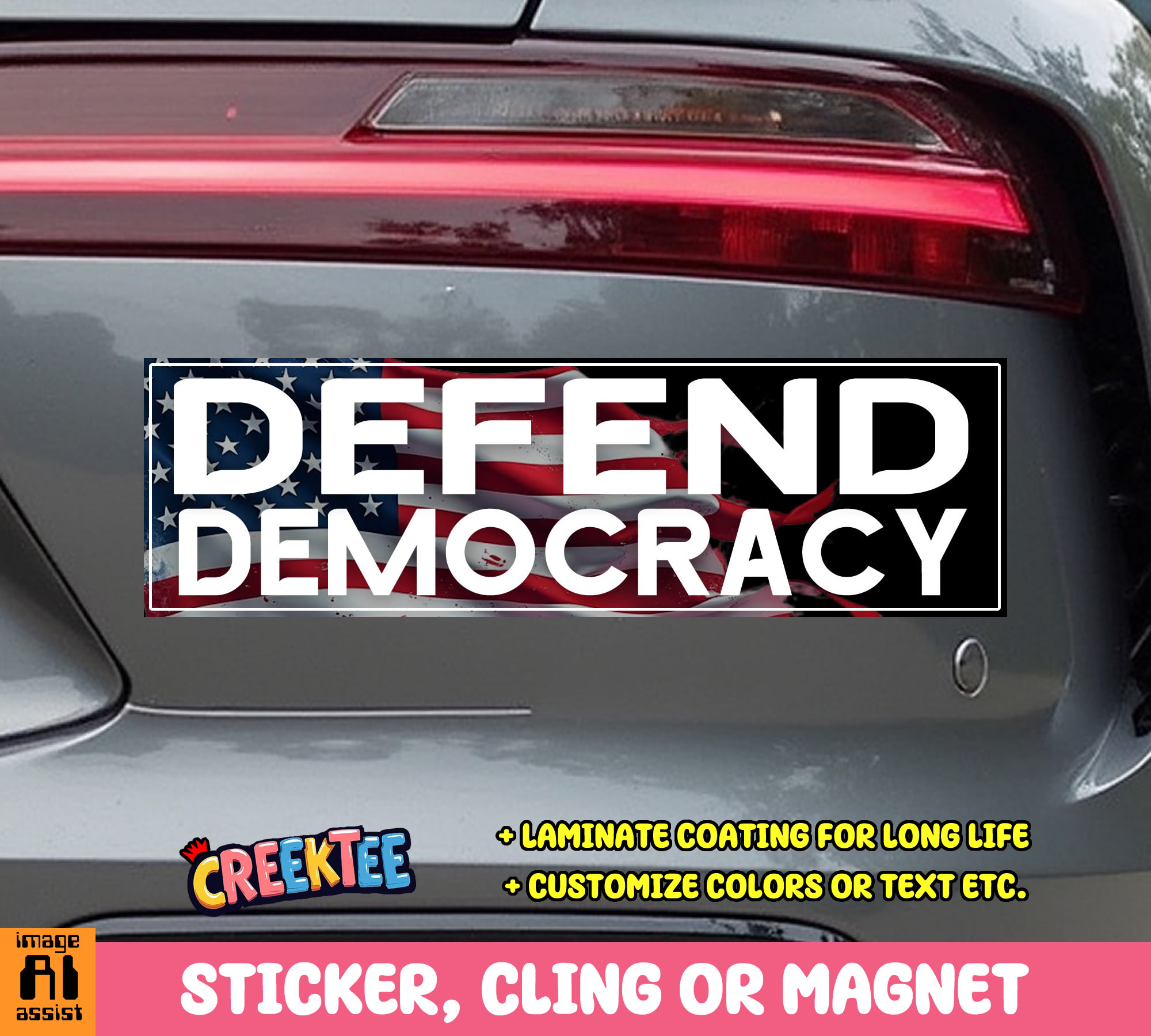 Defend Democracy Vinyl Bumper Sticker  Window Cling or Magnet in UV Laminate Coating and Various Sizes