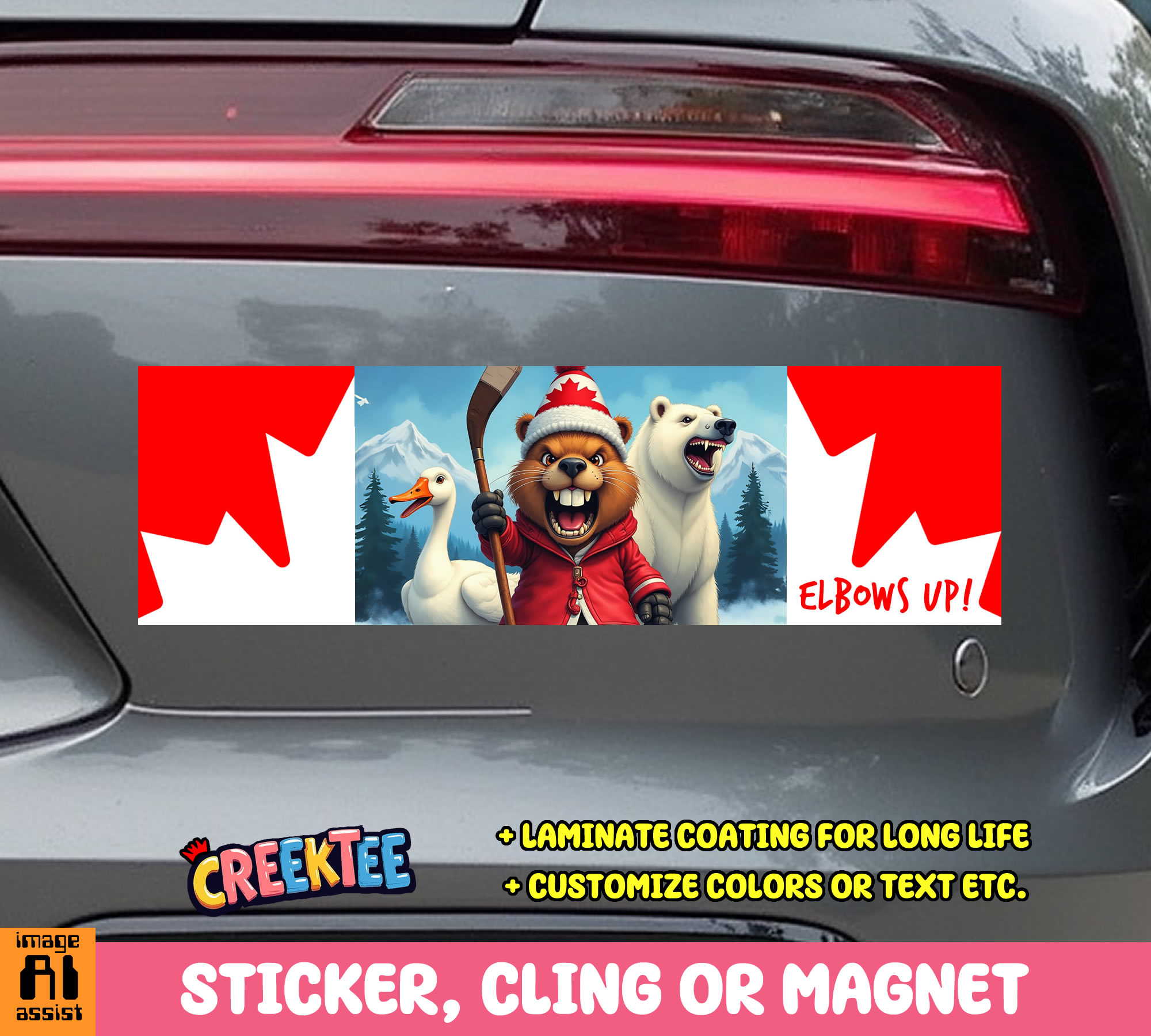 Elbows Up Canada Vinyl Bumper Sticker  Window Cling or Magnet in UV Laminate Coating and Various Sizes
