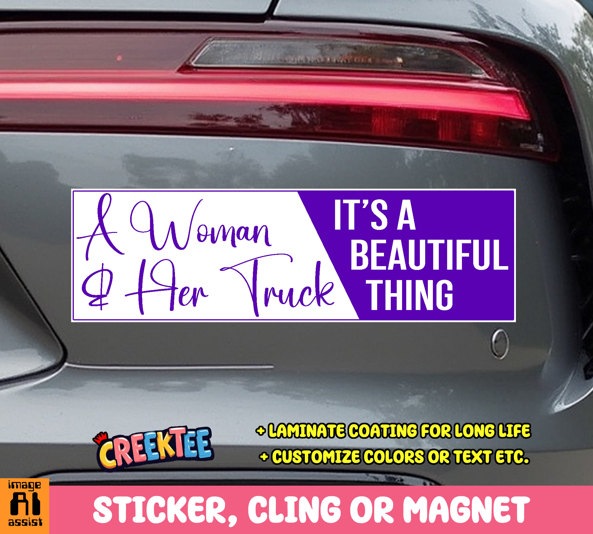 A Woman   her Truck  It s a Beautiful Thing Vinyl Bumper Sticker  Window Cling or Bumper Sticker Magnet in UV Laminate Coating