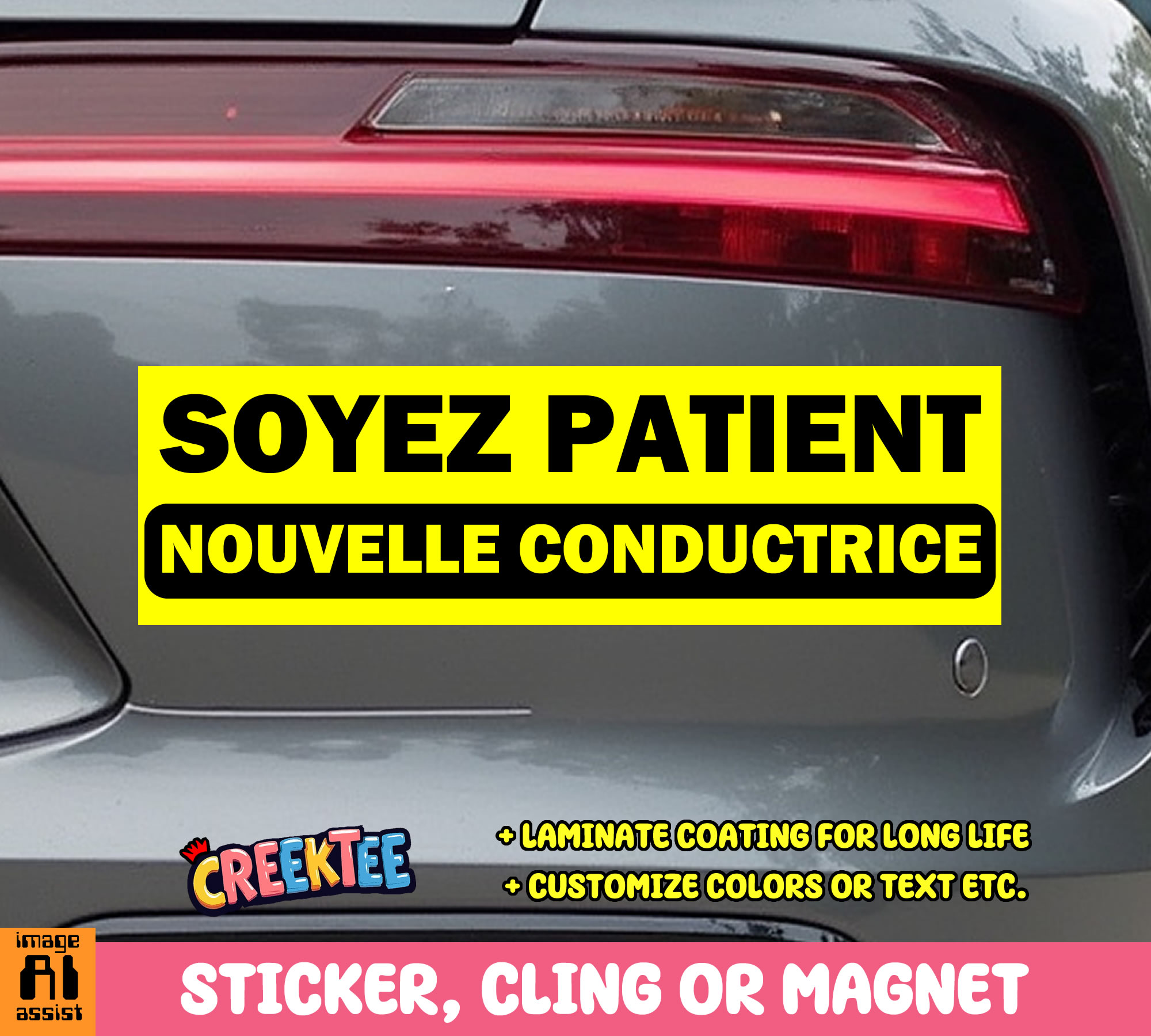 SOYEZ PATIENT NOUVELL CONDUCTRICE Vinyl Bumper Sticker  Window Cling or Magnet in UV Laminate Coating and Various Sizes