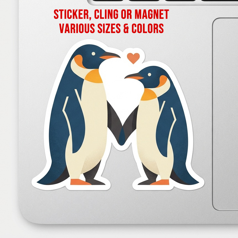 Penguins In Love Die Cut Vinyl Sticker  Window Cling or Magnet with Laminate Coating in Various Sizes